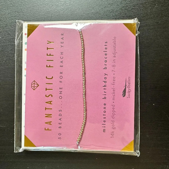 NIB LUCKY FEATHER 14K Gold Dipped Milestone 50th Birthday Stretch Bracelet - Picture 7 of 7